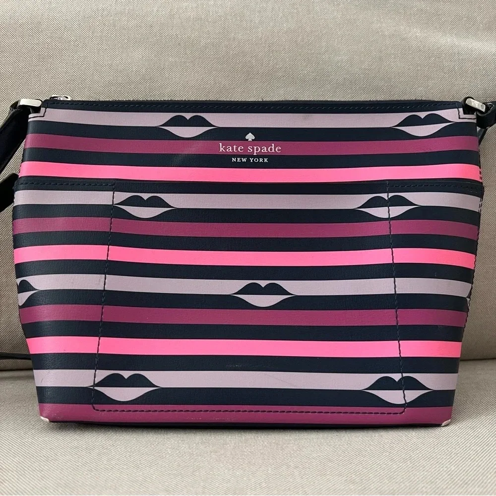 Women’s Kate Spade New York Patrice Lip Print Pink Striped Crossbody Bag Purse